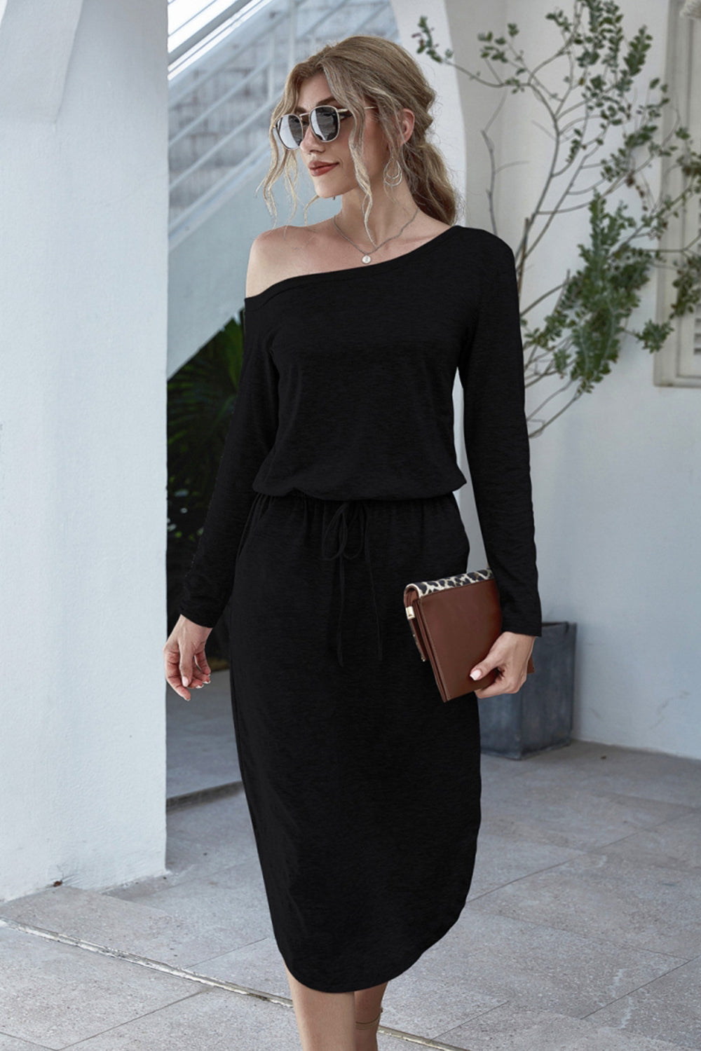 Off Shoulder Lace Up Pocket Slit Dress