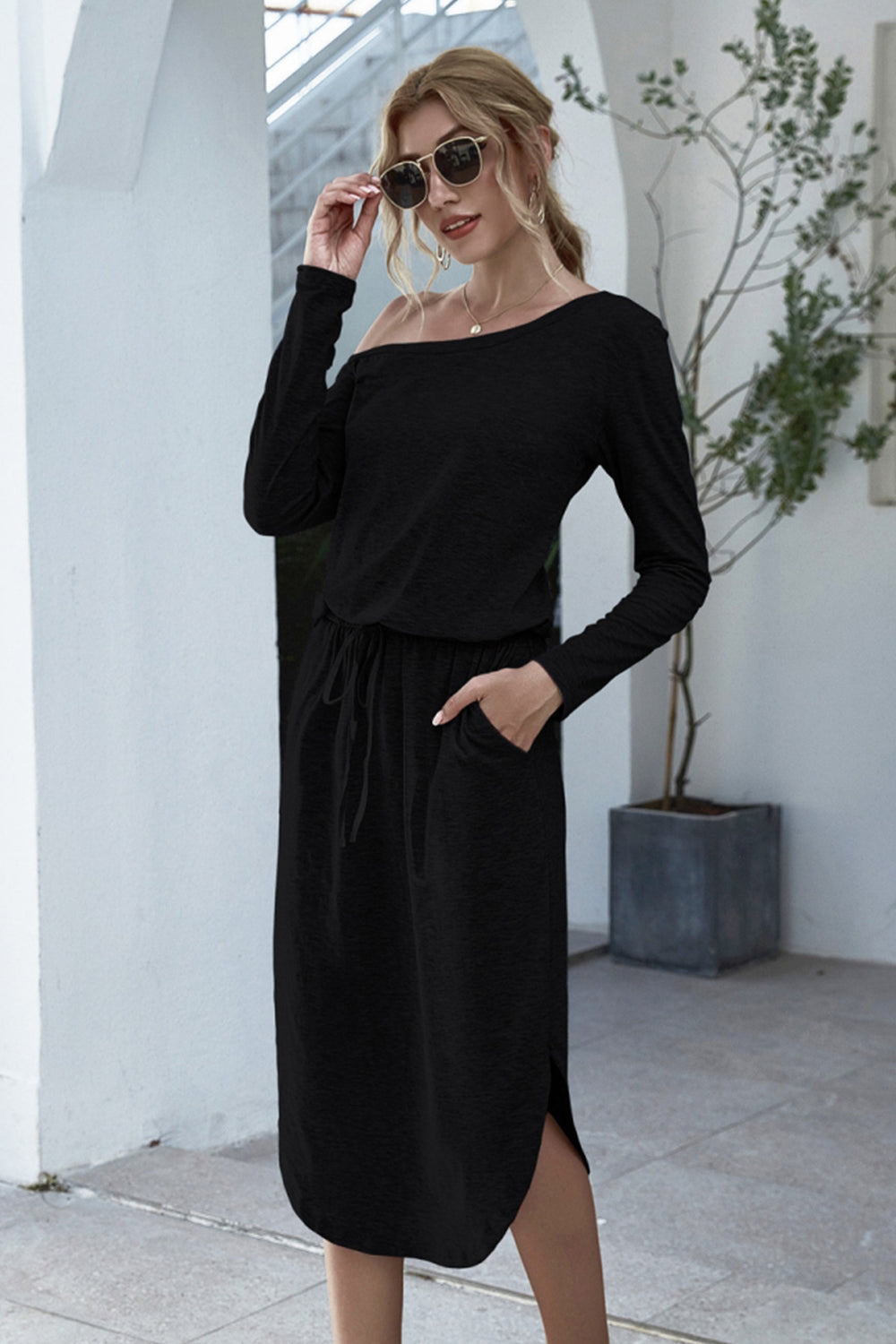 Off Shoulder Lace Up Pocket Slit Dress