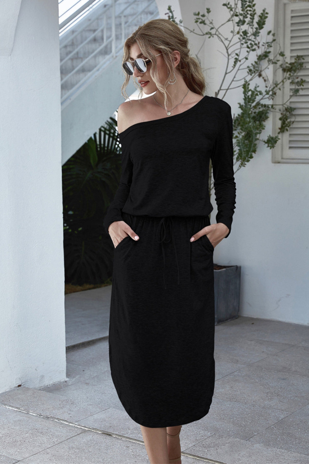 Off Shoulder Lace Up Pocket Slit Dress