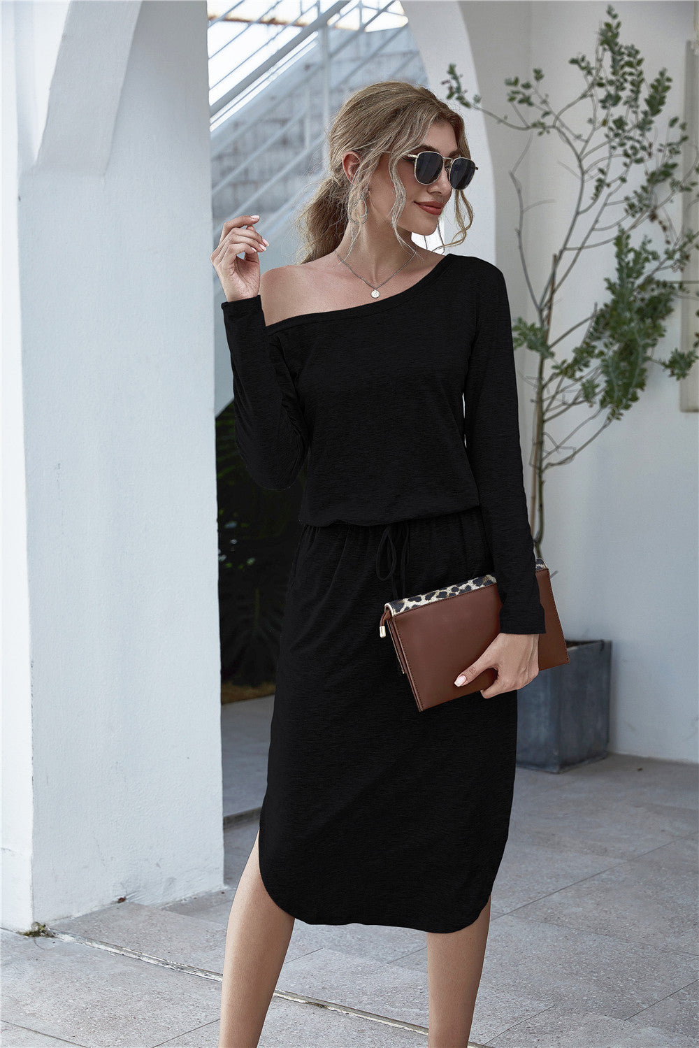 Off Shoulder Lace Up Pocket Slit Dress