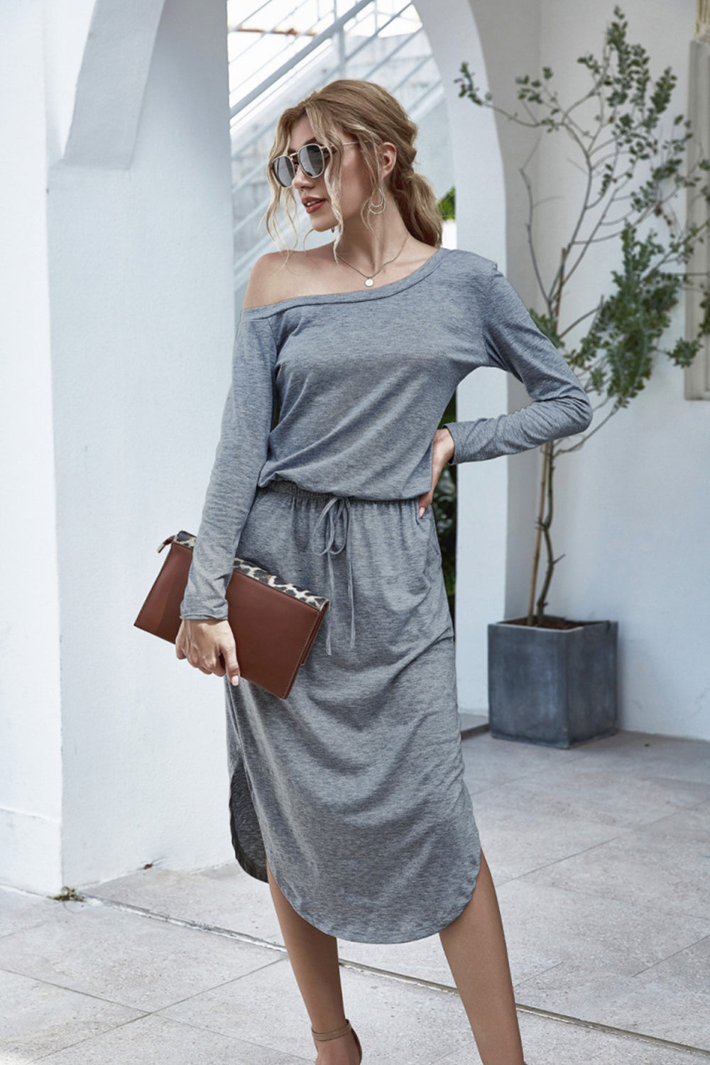 Off Shoulder Lace Up Pocket Slit Dress