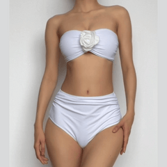 Flower applique ruched tube solid bikini swimwear