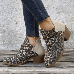 Rough canvas pointed toe leopard boots