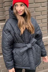 Elegant Tie Belt Loose Arygle Hooded Parkas