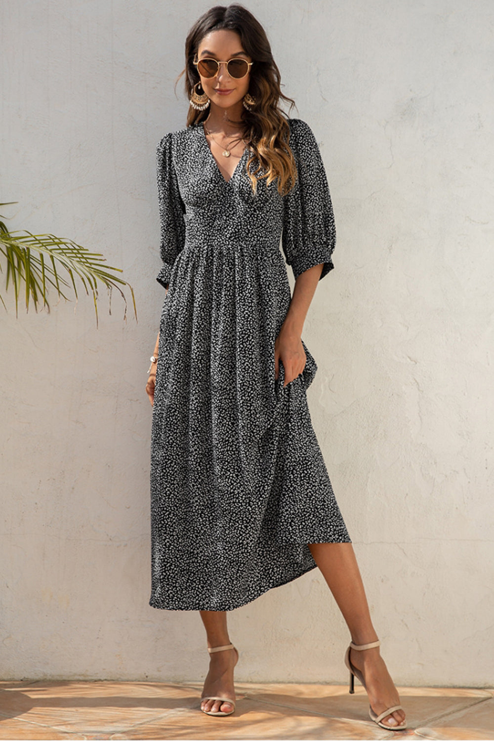 V-Neck Printed Mid-Sleeved Dress