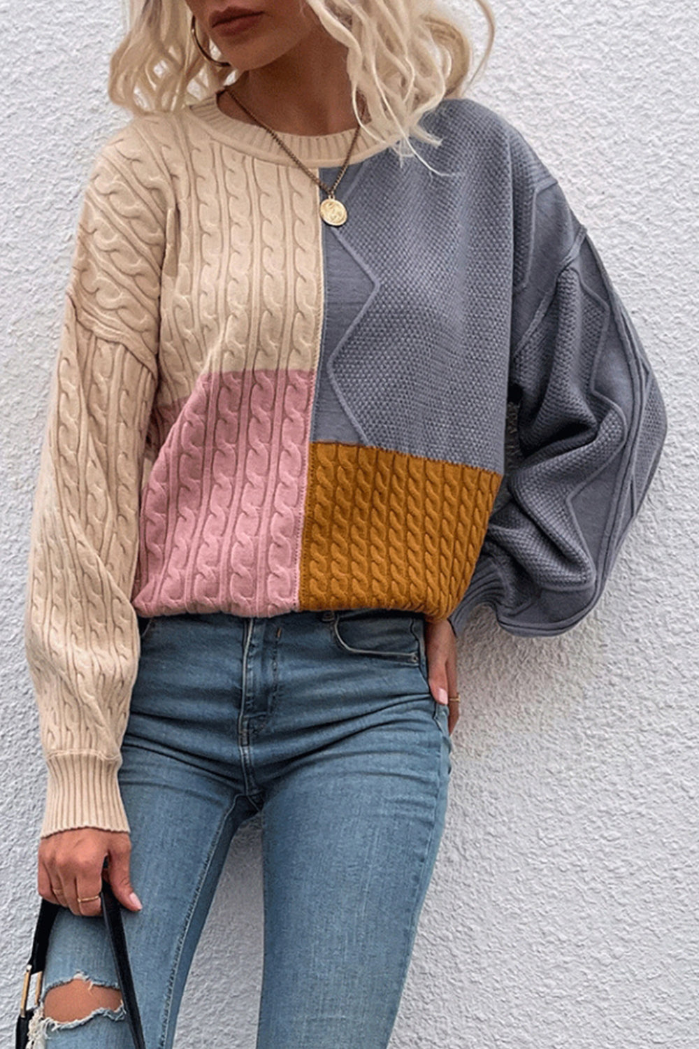 Contrast Patchwork Twist Lantern Sleeve Sweater