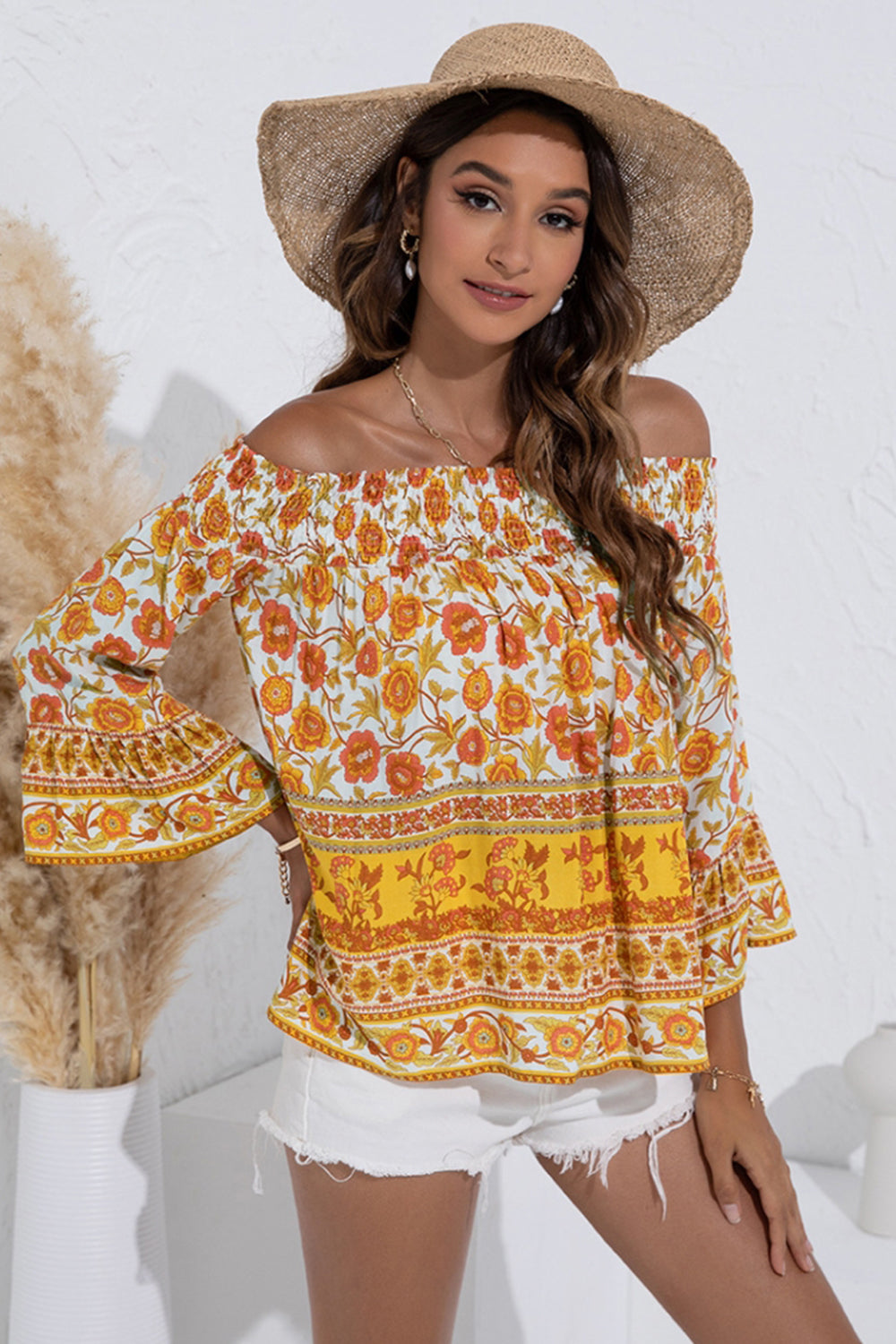 Off-Shoulder Floral Flared Sleeve Shirt