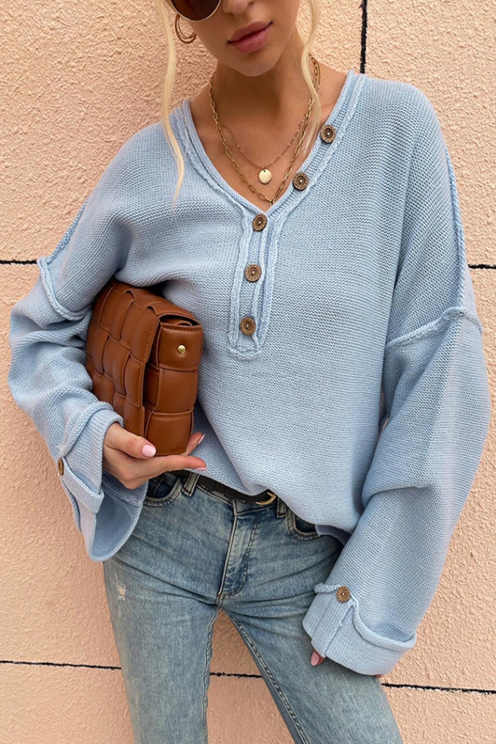 Reverse Button V-Neck Sweater