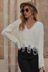 V-neck Fringed Worn Short Sweater