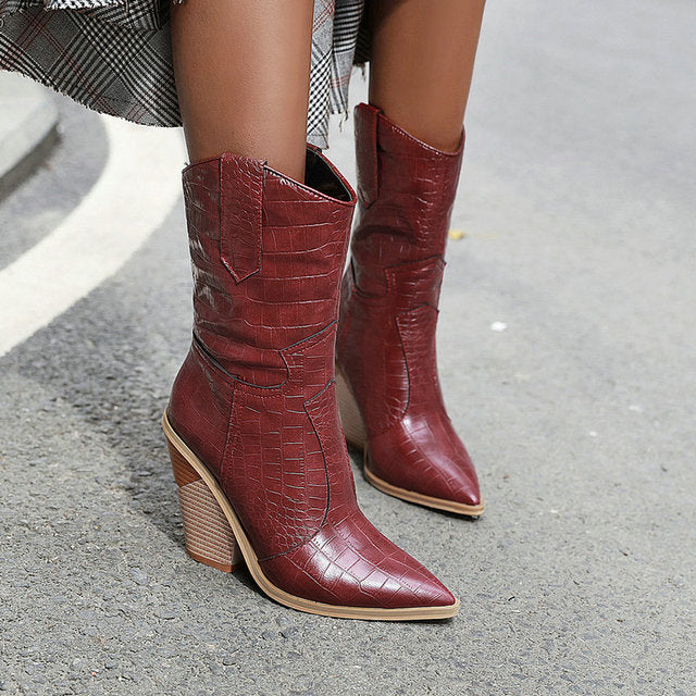 Pu Leather Wedge Ankle Cowboy Boots