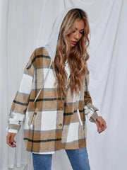 Mid-Length Tweed Plaid Hooded Jacket