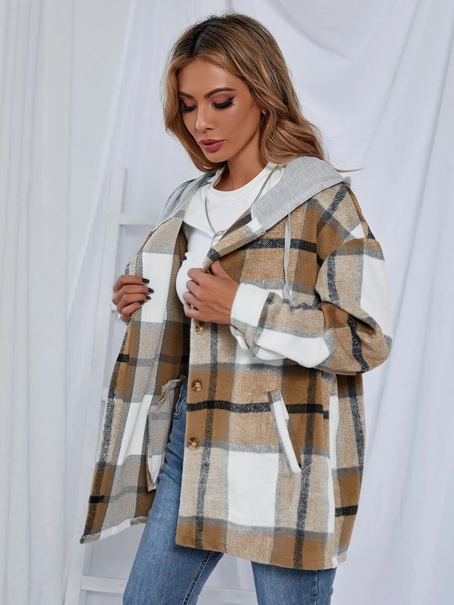 Mid-Length Tweed Plaid Hooded Jacket