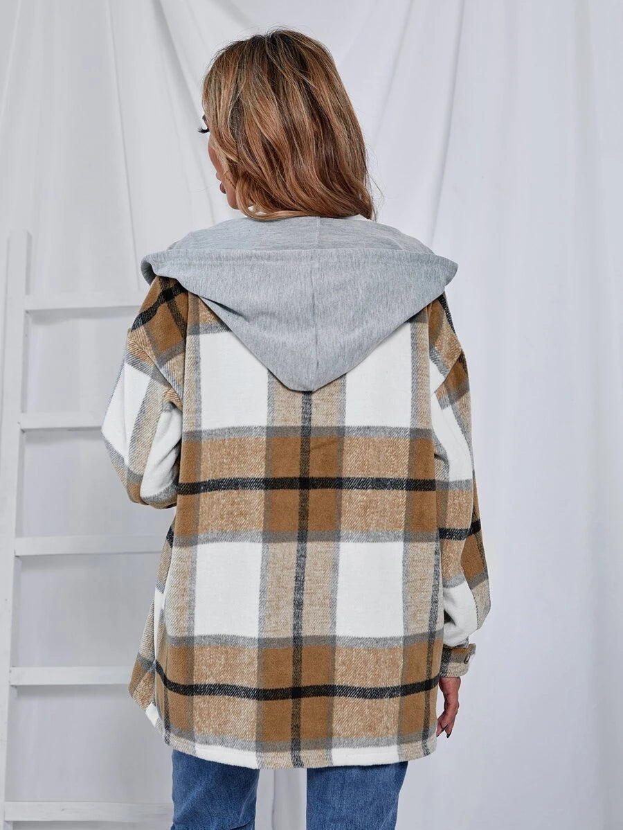 Mid-Length Tweed Plaid Hooded Jacket