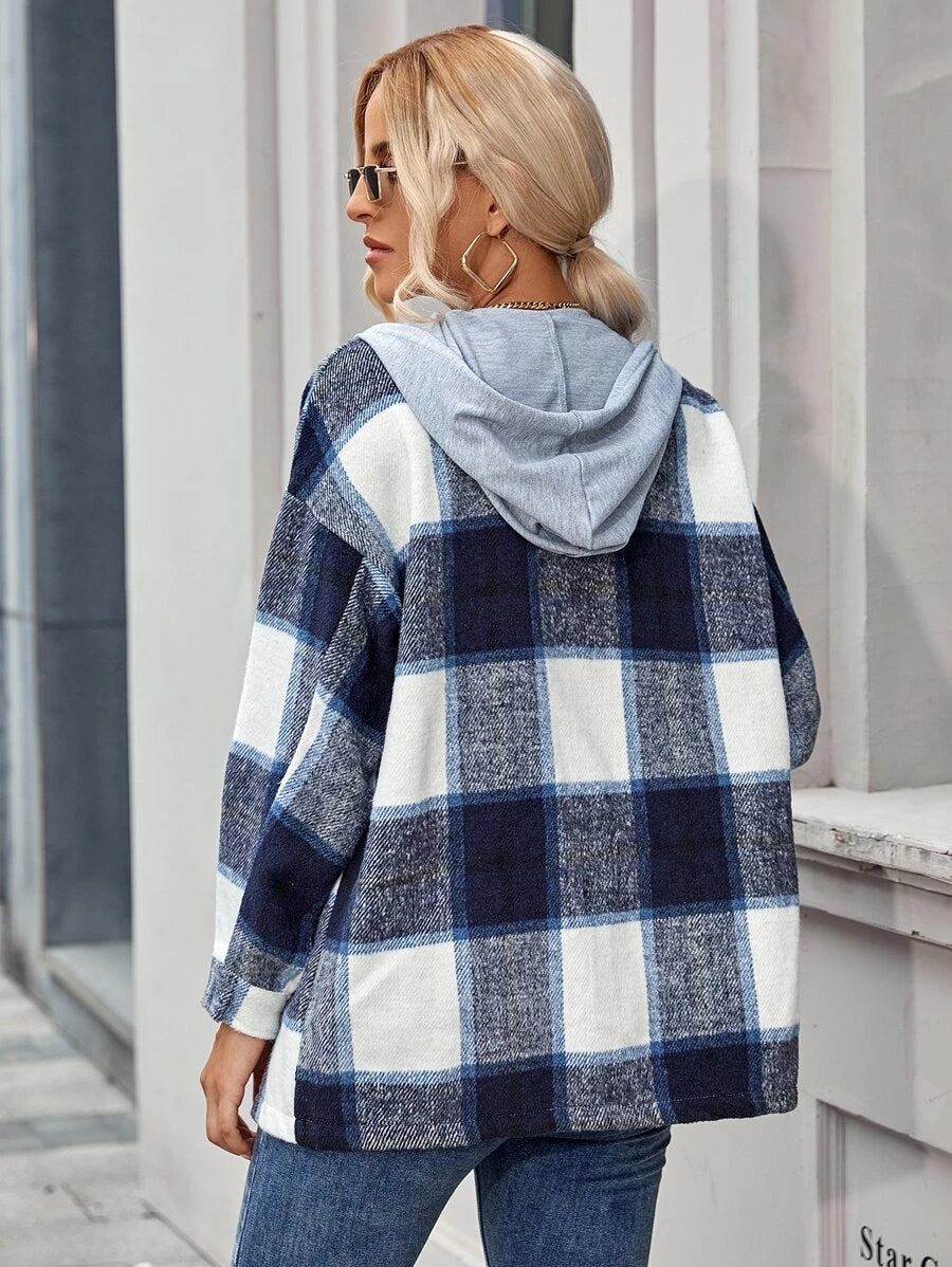 Mid-Length Tweed Plaid Hooded Jacket