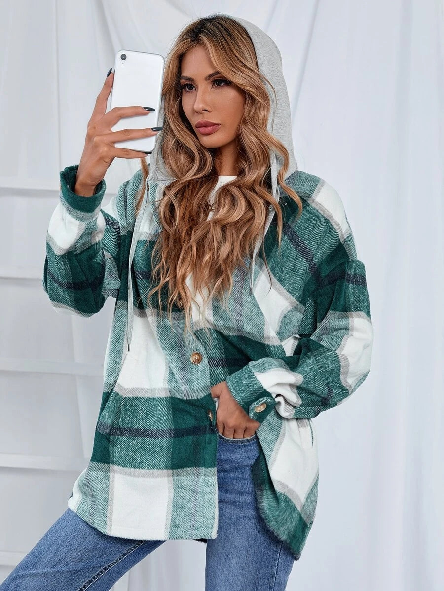 Mid-Length Tweed Plaid Hooded Jacket