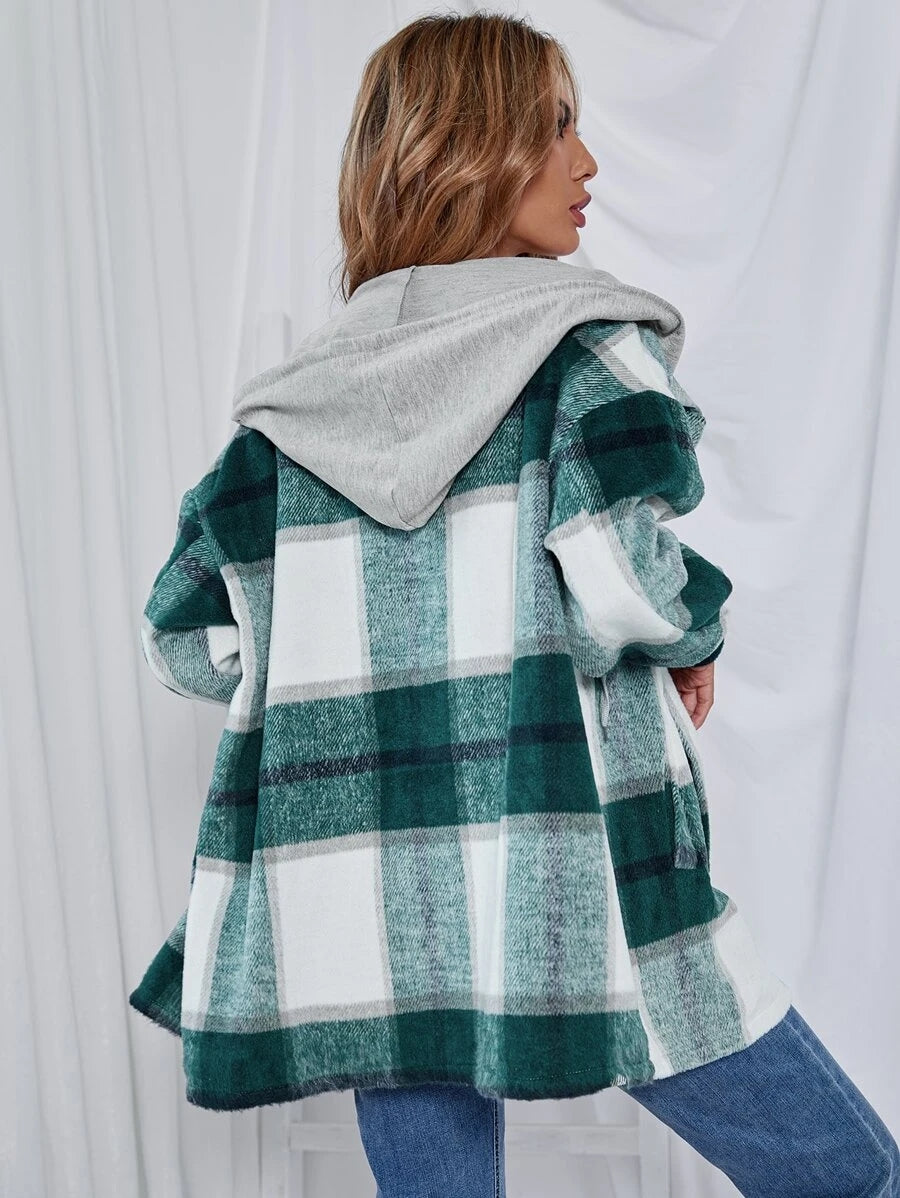 Mid-Length Tweed Plaid Hooded Jacket