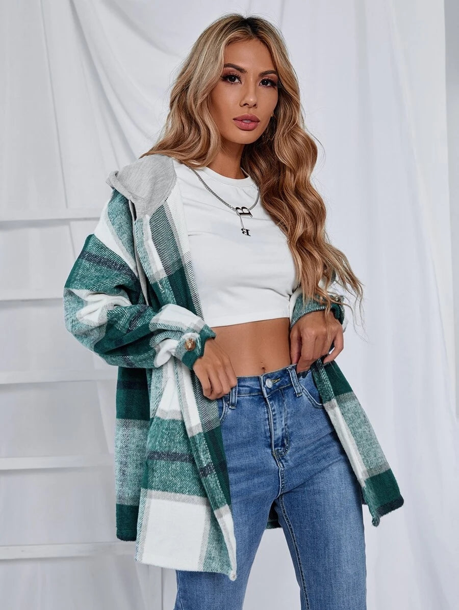 Mid-Length Tweed Plaid Hooded Jacket