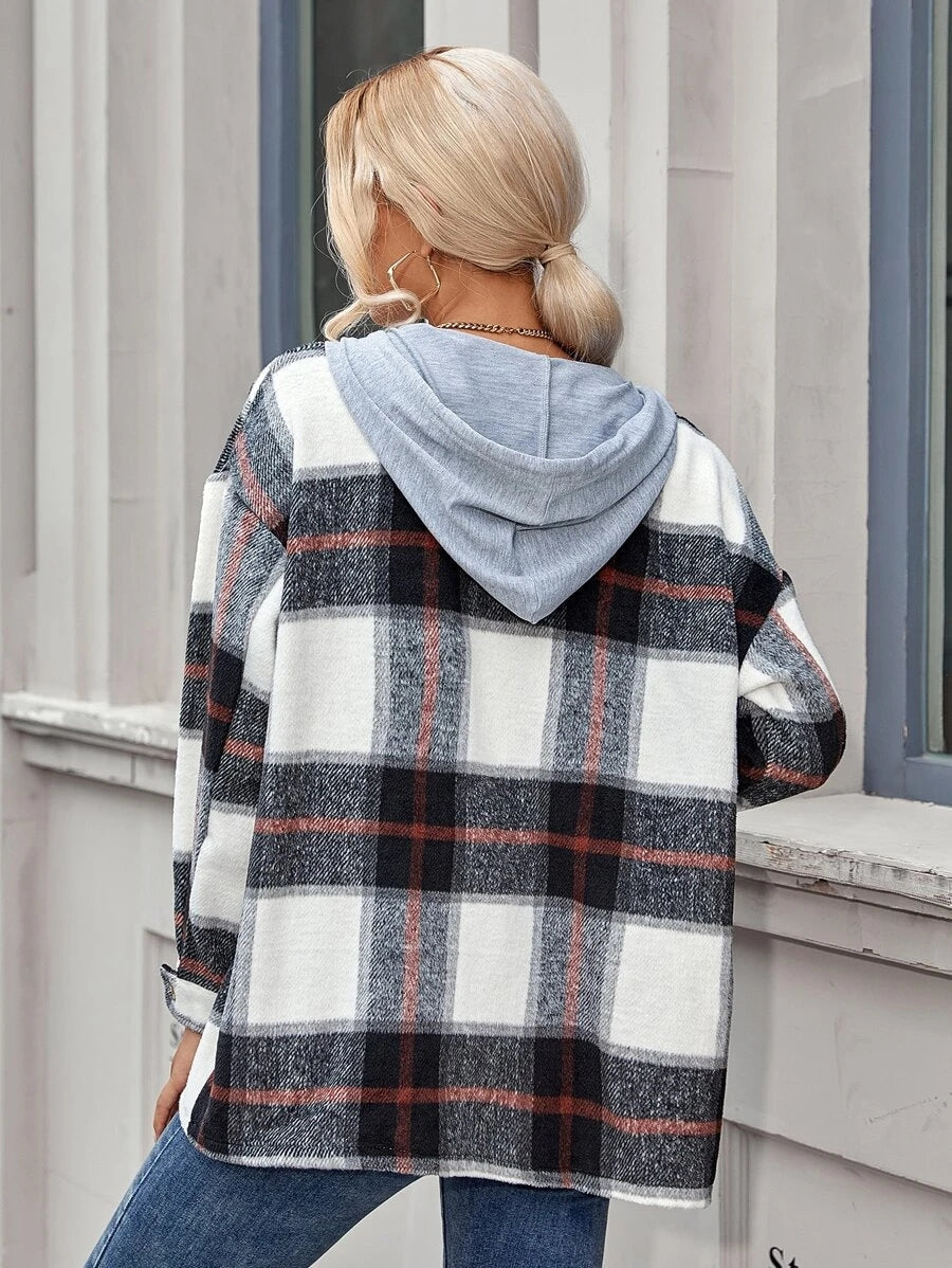 Mid-Length Tweed Plaid Hooded Jacket