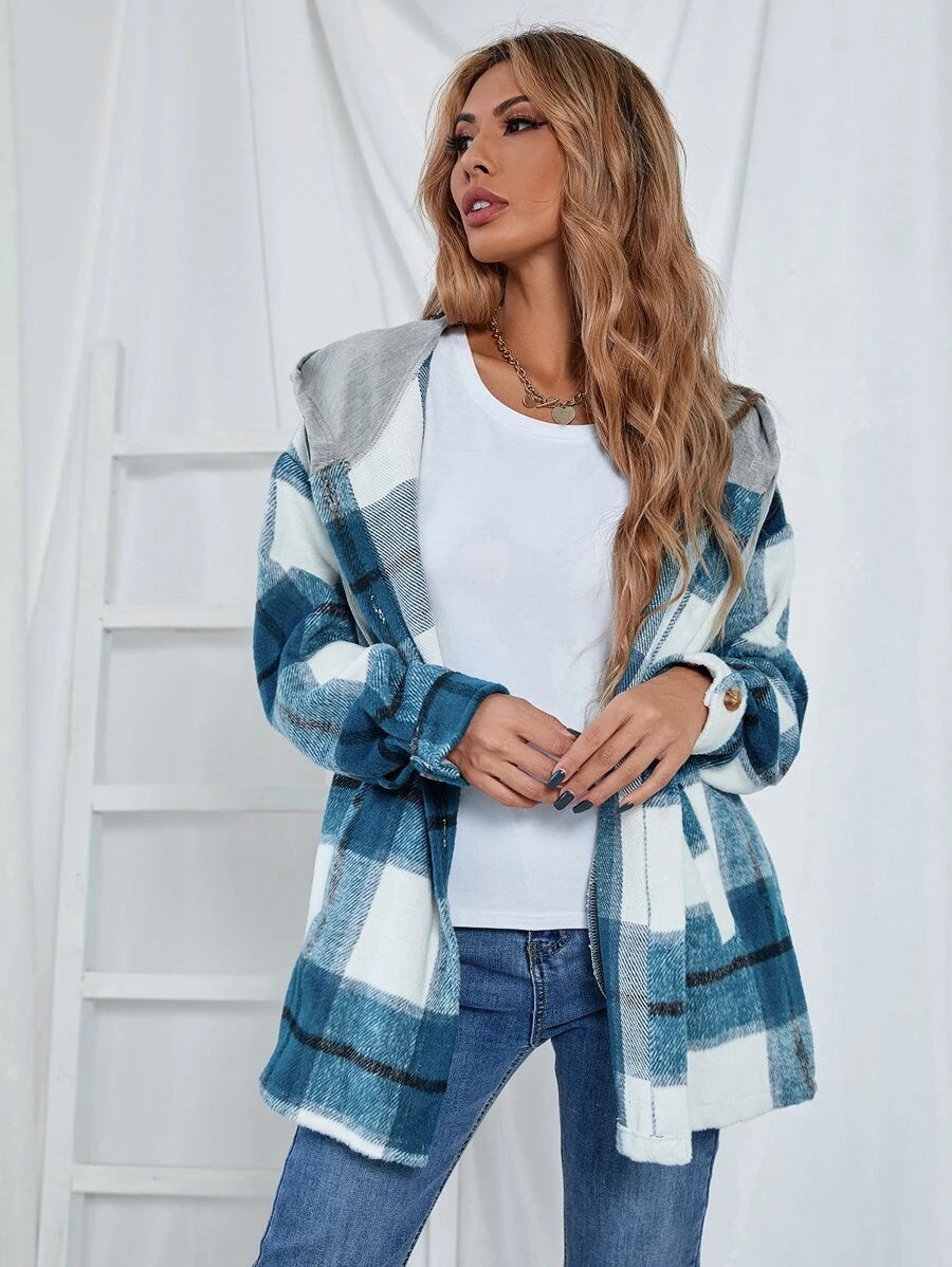 Mid-Length Tweed Plaid Hooded Jacket