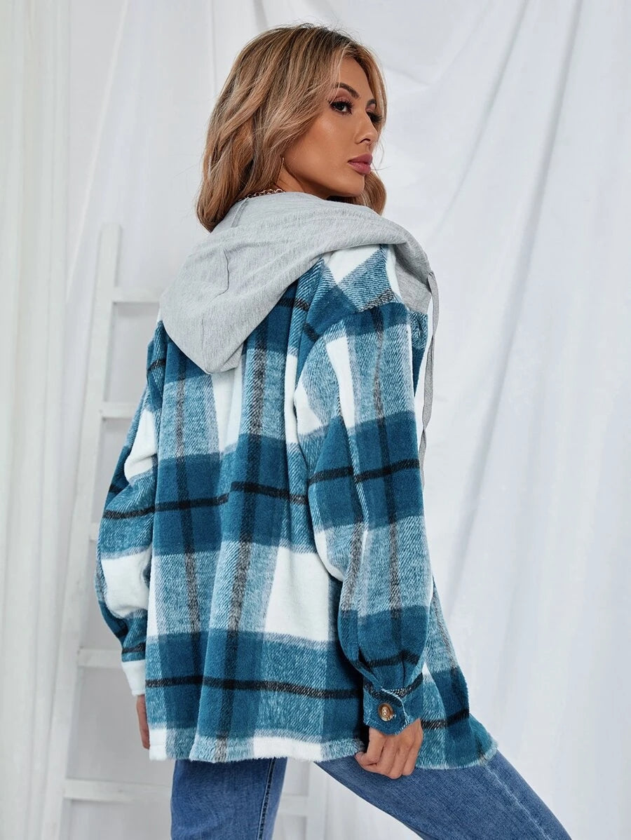 Mid-Length Tweed Plaid Hooded Jacket