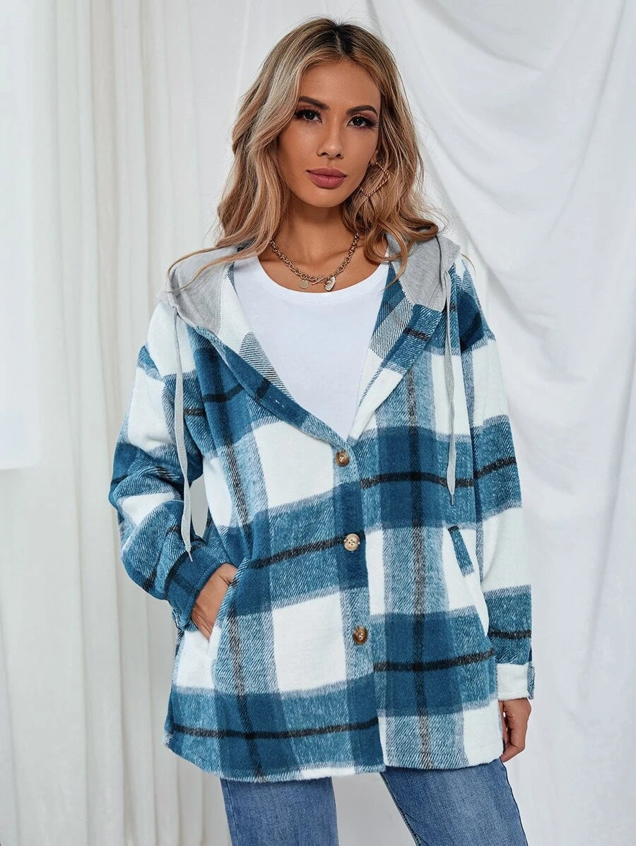 Mid-Length Tweed Plaid Hooded Jacket