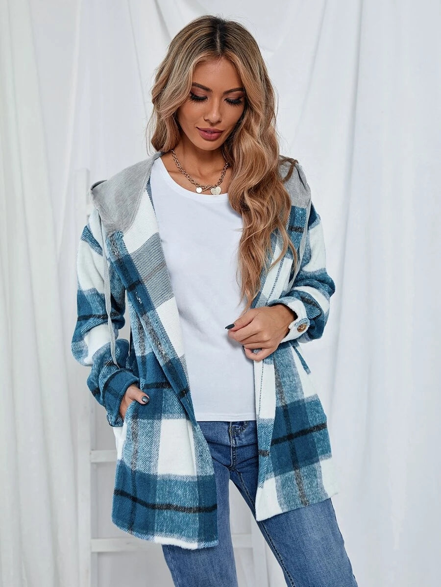 Mid-Length Tweed Plaid Hooded Jacket