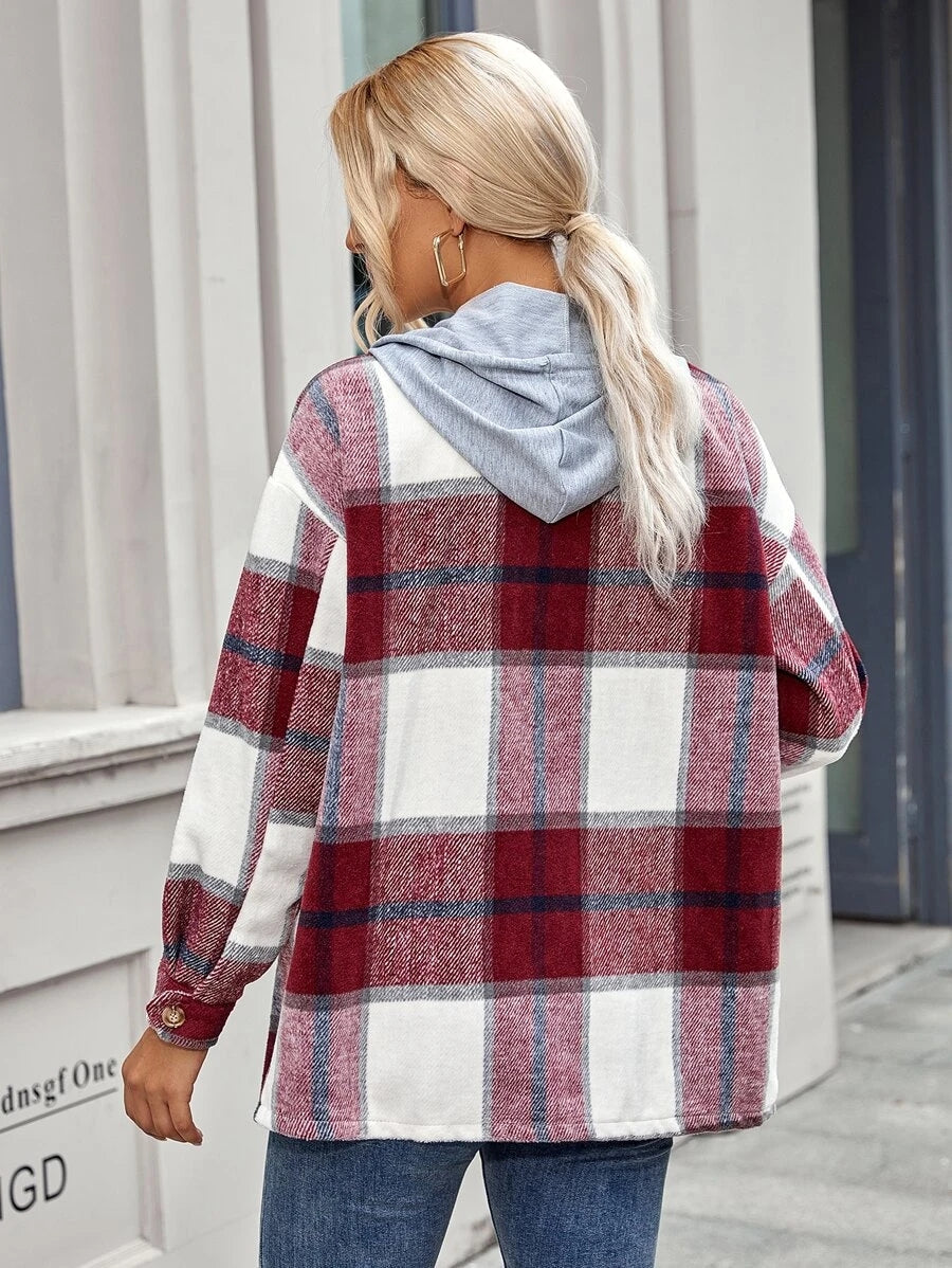 Mid-Length Tweed Plaid Hooded Jacket