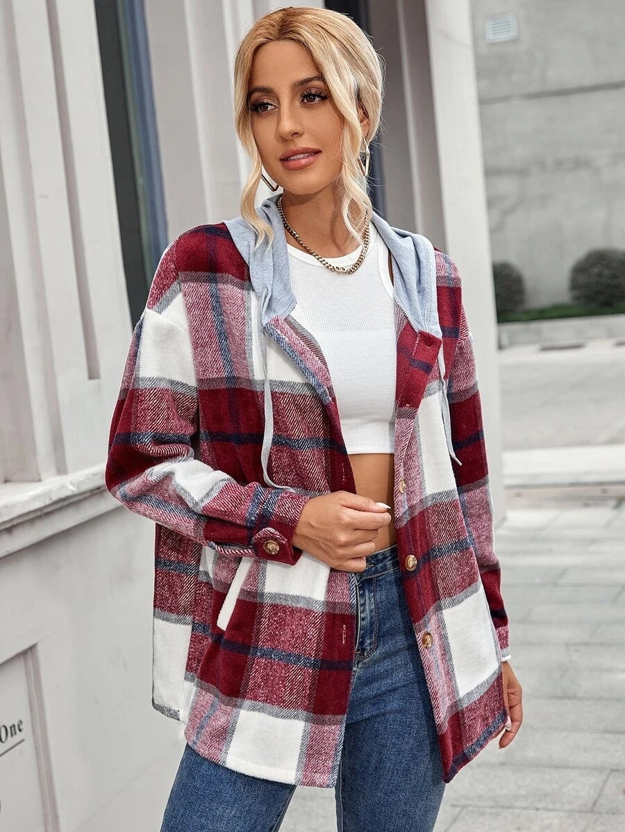 Mid-Length Tweed Plaid Hooded Jacket