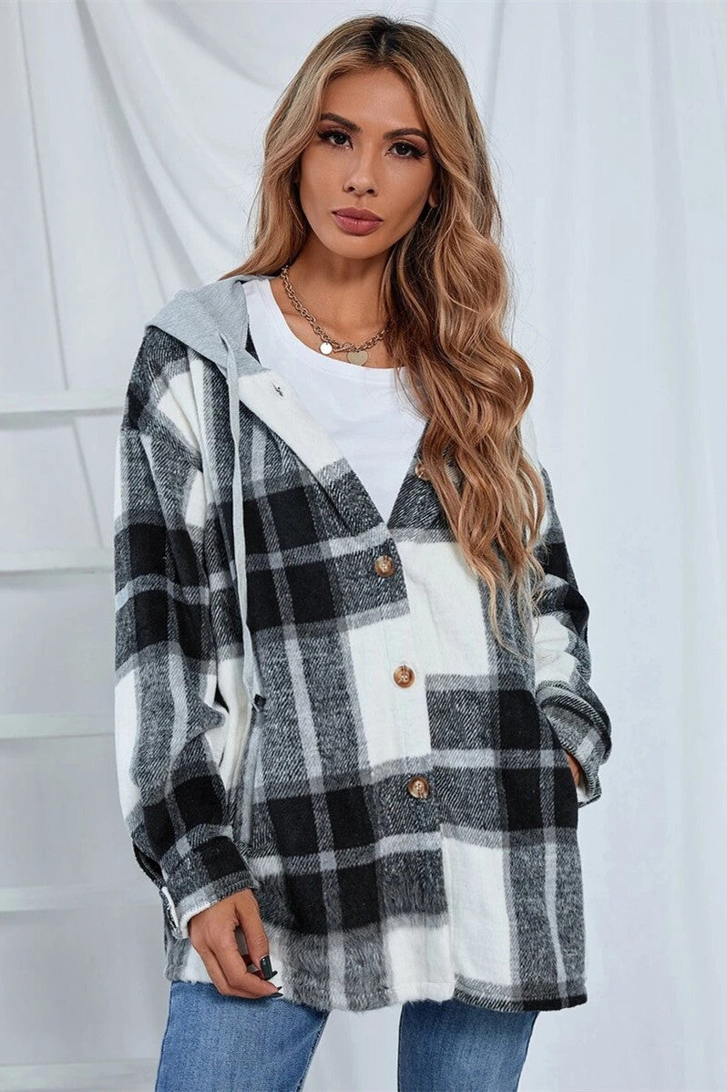 Mid-Length Tweed Plaid Hooded Jacket