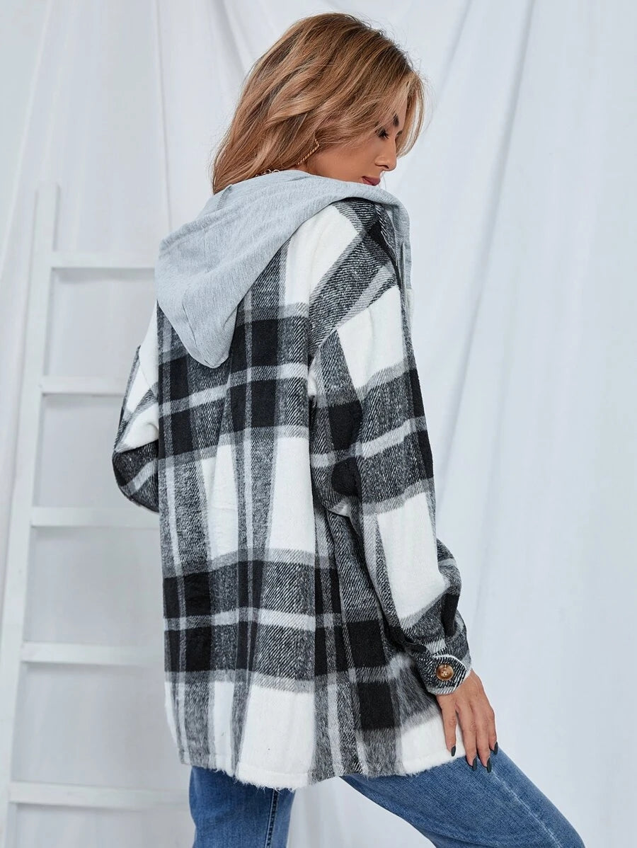 Mid-Length Tweed Plaid Hooded Jacket