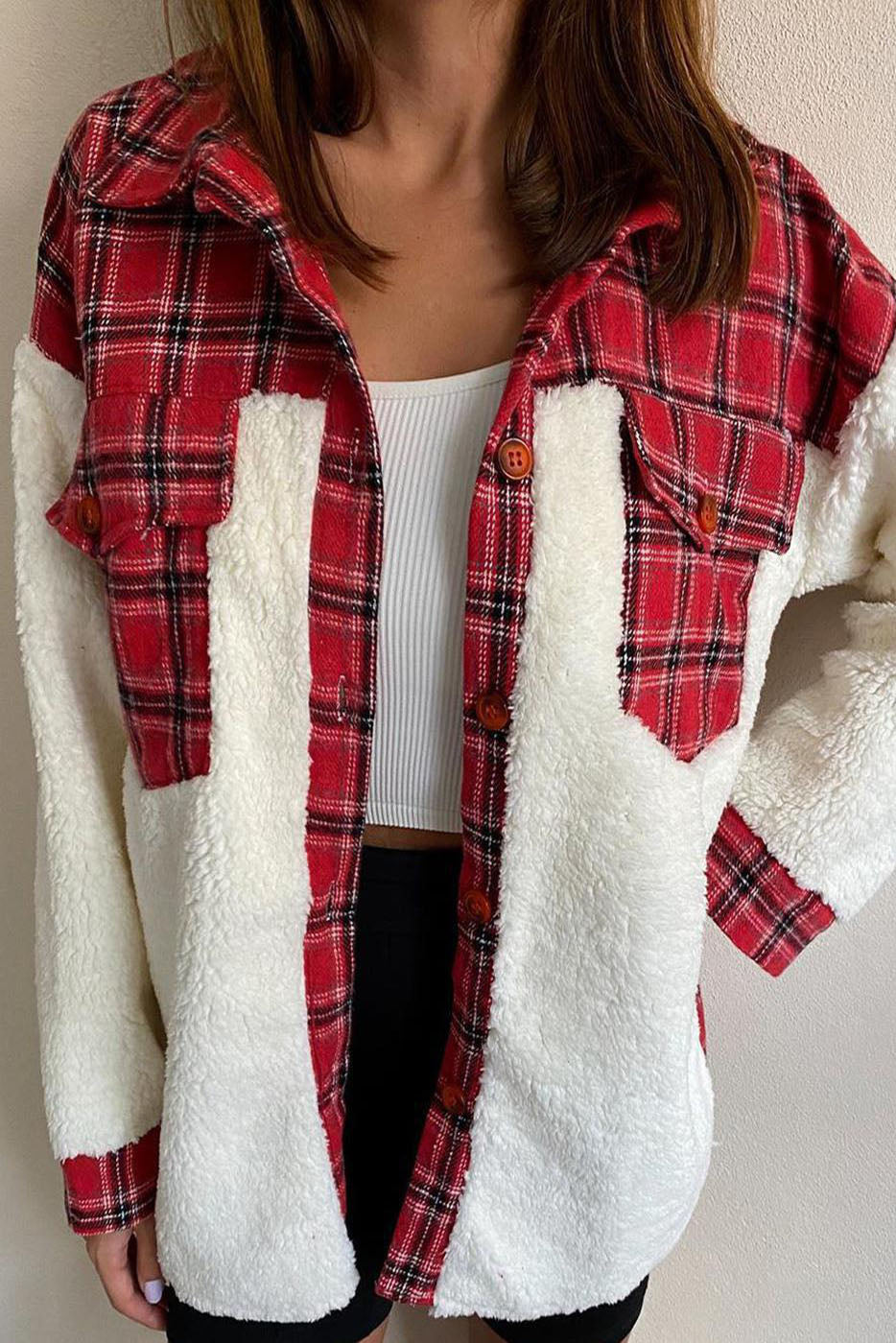 Plaid Print Plush Patchwork Contrast Jacket