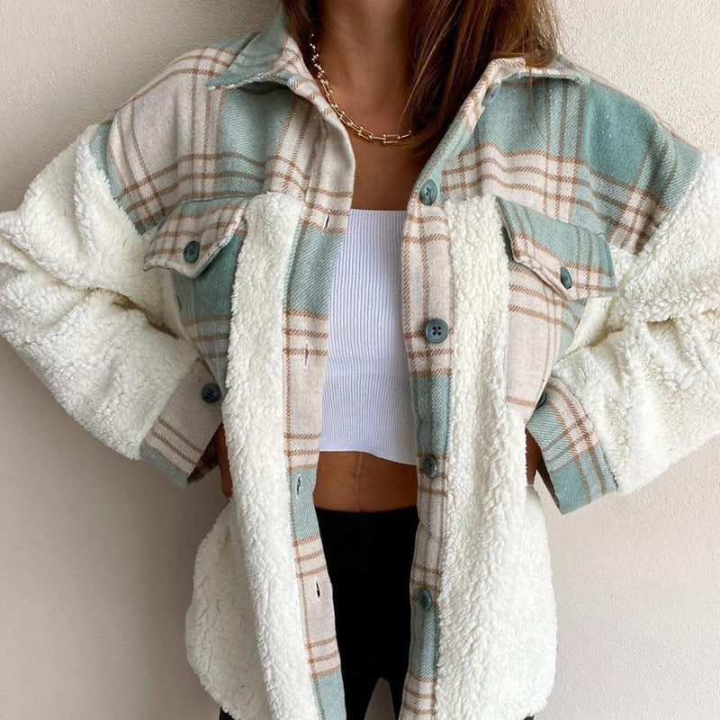 Plaid Print Plush Patchwork Contrast Jacket