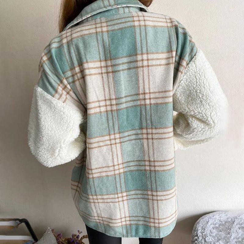 Plaid Print Plush Patchwork Contrast Jacket