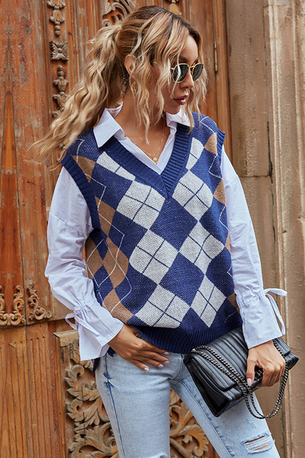 V-neck Plaid Knit Sweater Vest