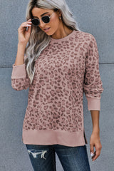 Leopard Print Round Neck Hem Split Top