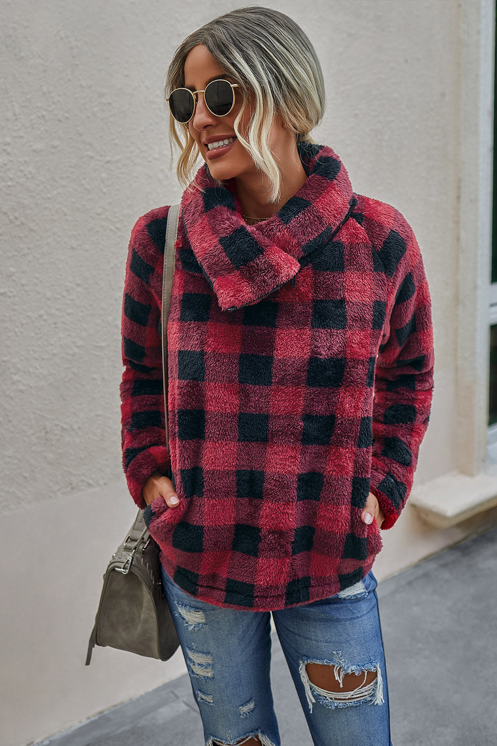 Plaid Diagonal Zipper Sweater