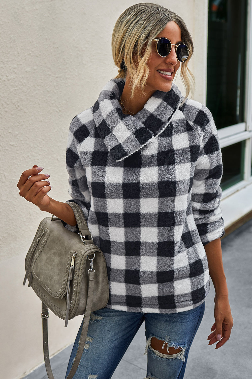 Plaid Diagonal Zipper Sweater