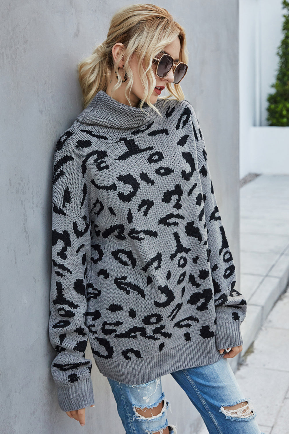 Loose Leopard Print Turn-Down Collar Sweater
