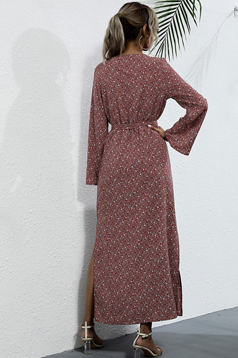 Printed Slim Slit Long Sleeve Dress