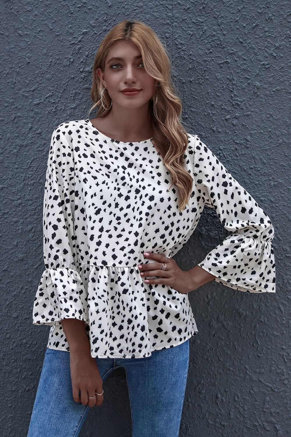 Black-dot Print Round Neck Loose Ruffled Top