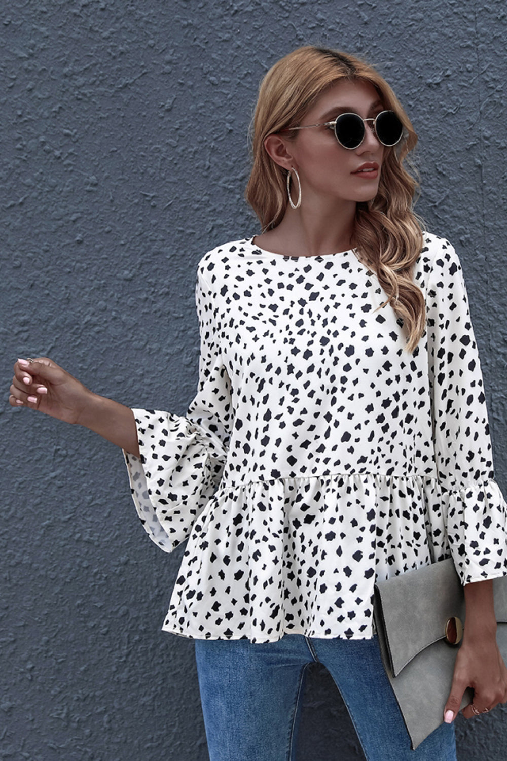 Black-dot Print Round Neck Loose Ruffled Top