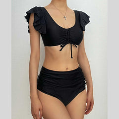 Padded ruffle cap sleeve drawstring solid ruched bikini swimwear