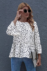 Black-dot Print Round Neck Loose Ruffled Top