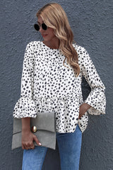 Black-dot Print Round Neck Loose Ruffled Top