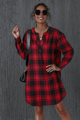 Check V-neck Long Sleeve A-line Dress