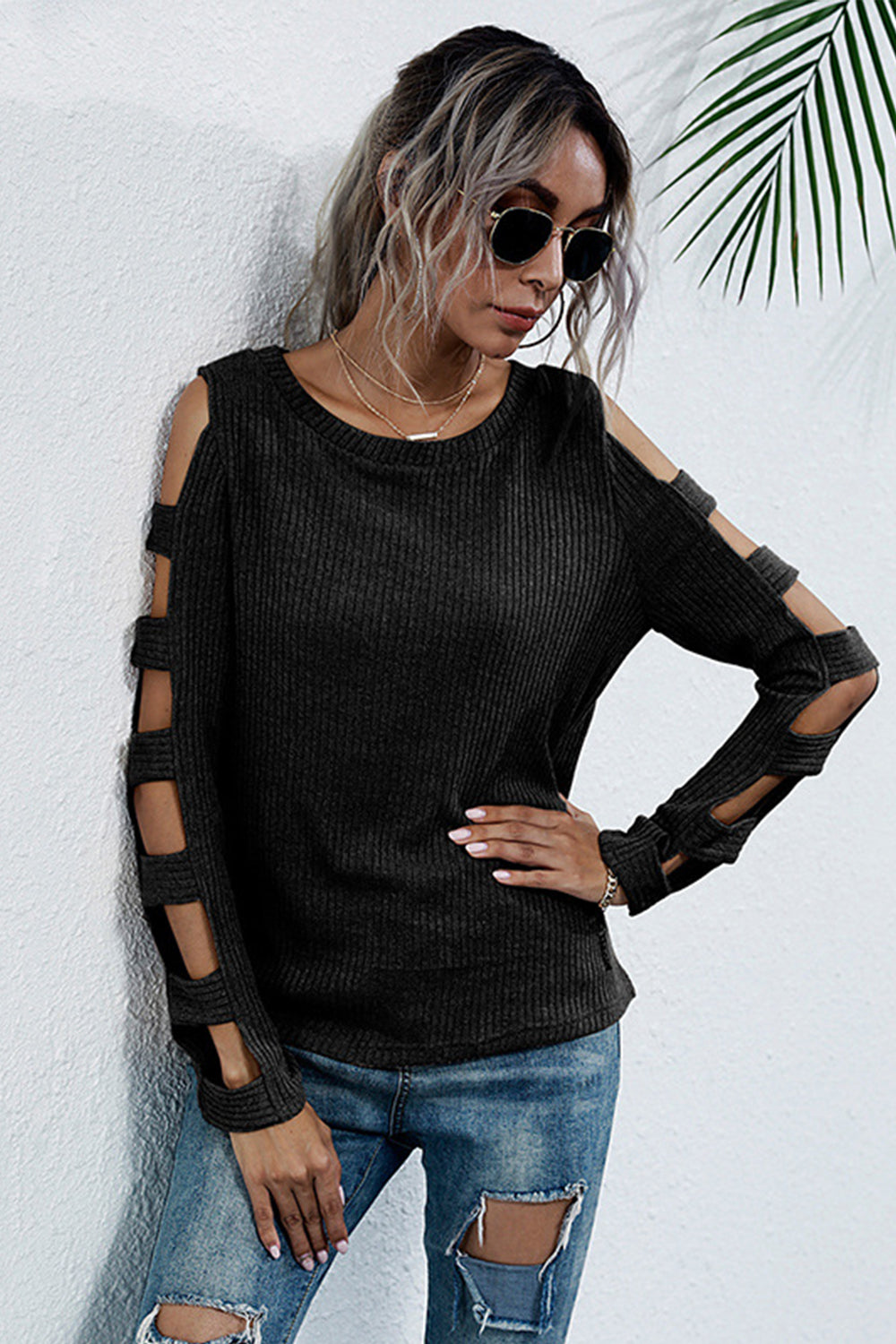 Round Neck Hollow Long-sleeved Sweater