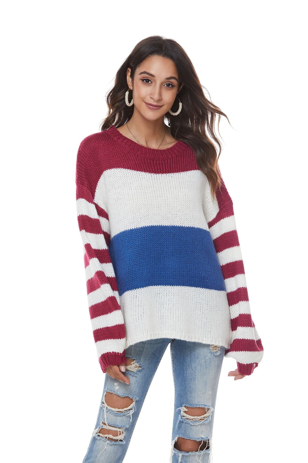 Patchwork Large Size  Round Collar Sweater