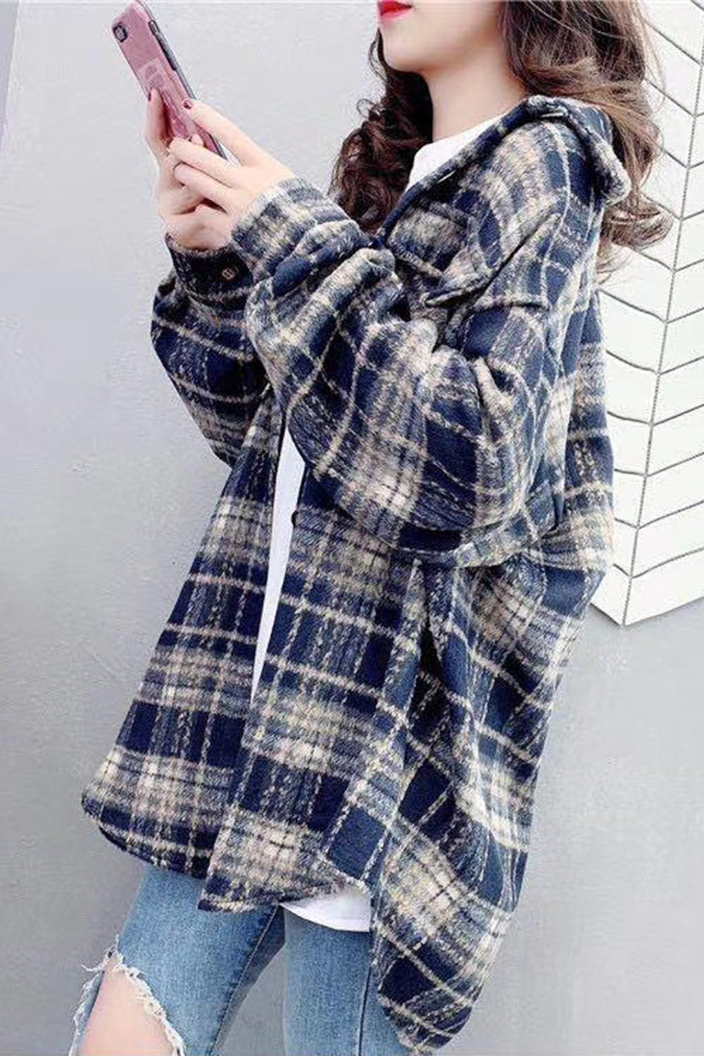 Vintage Hong Kong Style Plaid Fleece Coat