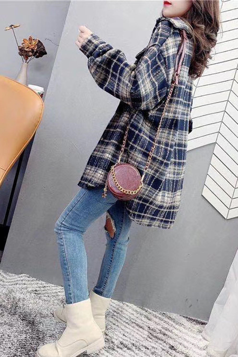 Vintage Hong Kong Style Plaid Fleece Coat