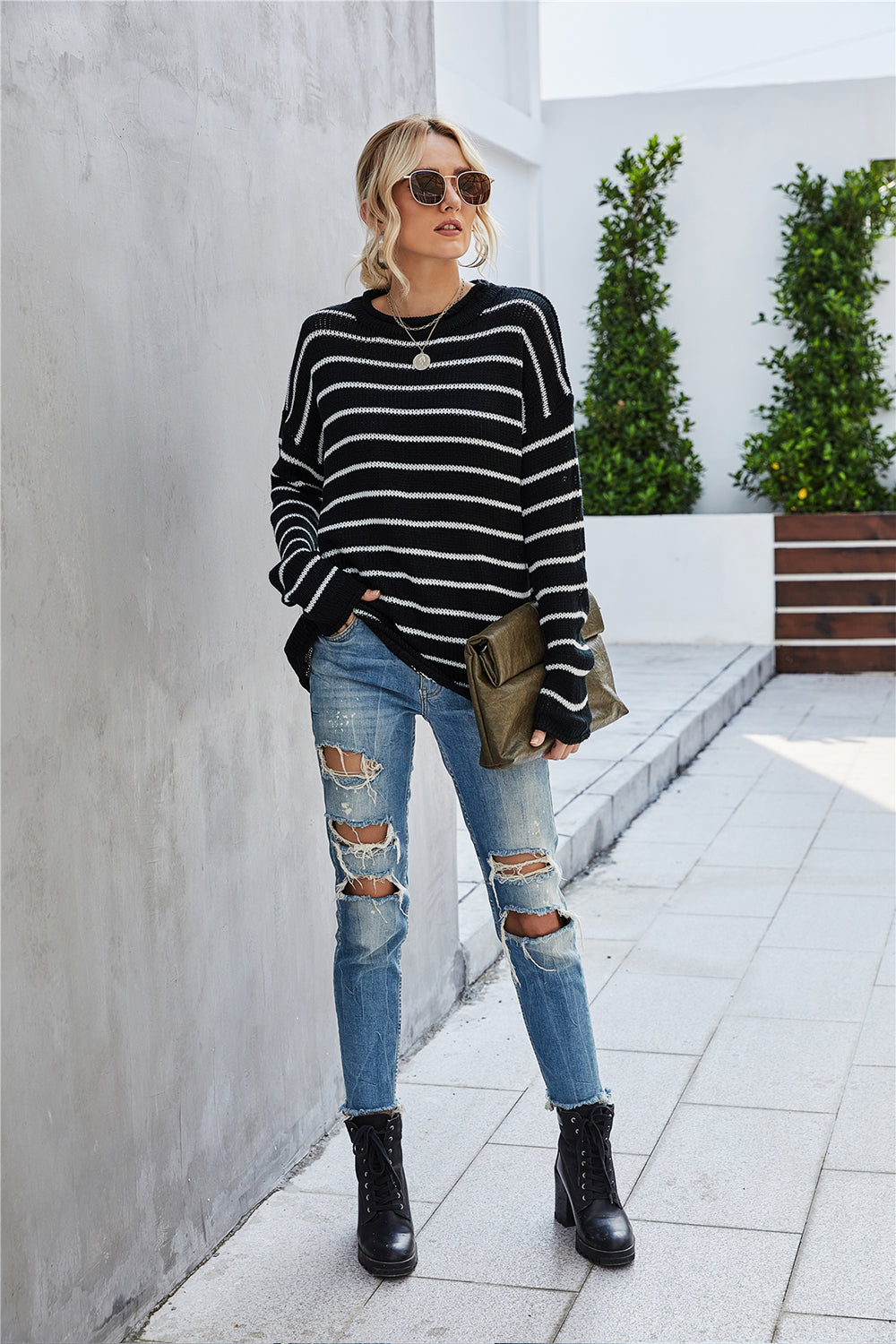 Round Collar Stripe Patchwork Pullover